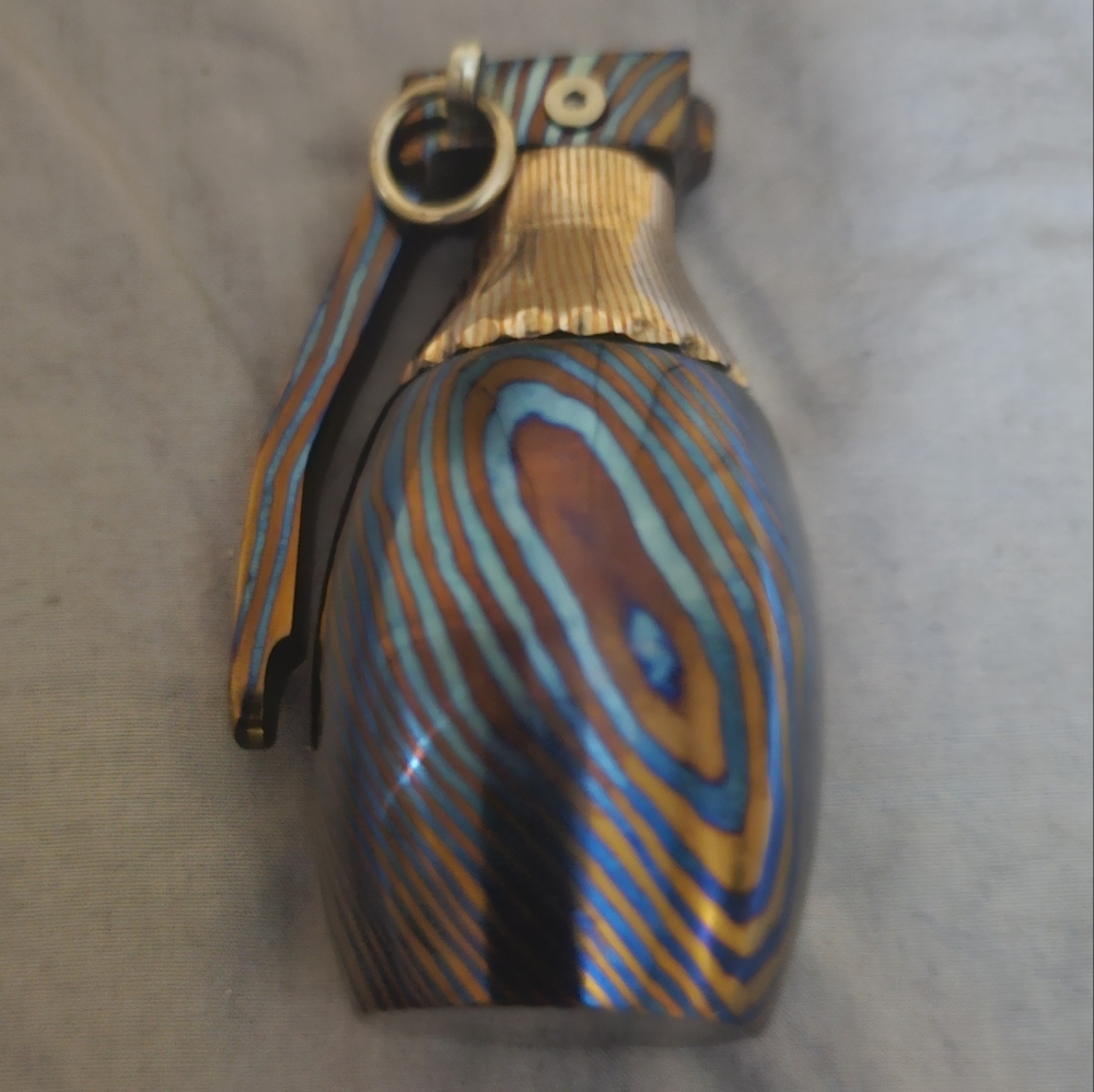 A Timascus & Mokume Gane Hand Granade with Leather Pouch